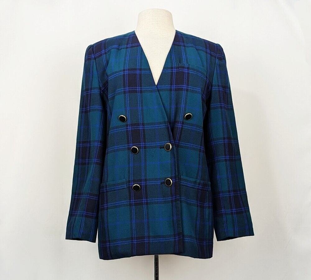 Vintage 90s Jacket Blue Green Plaid Double Breast Oversize Women's Size 8
